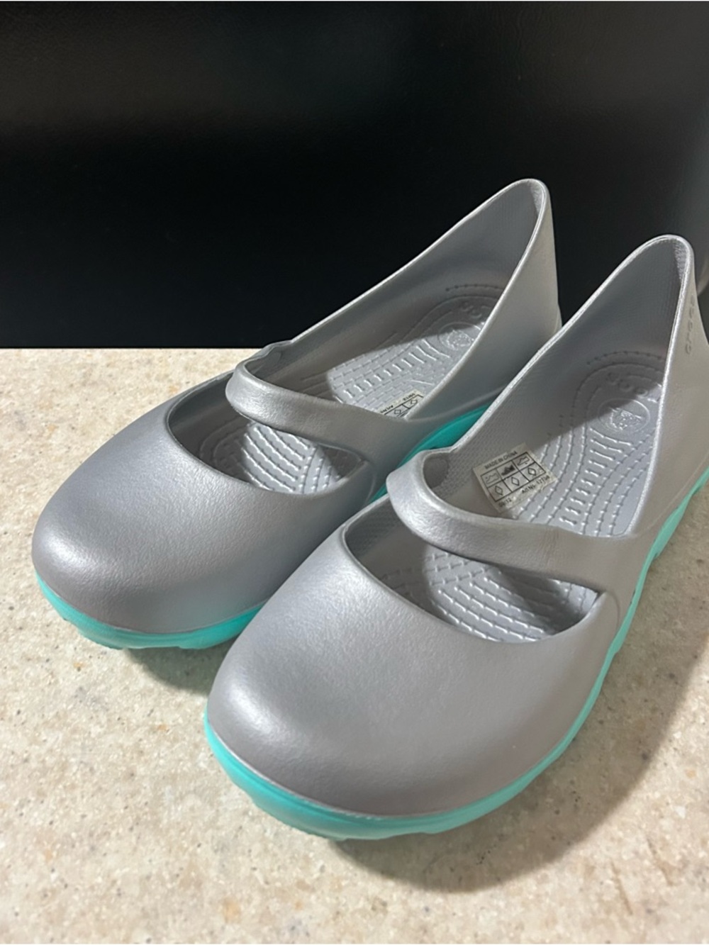 CROCS Women's Gray Mary Jane Sandals with Teal Soles
